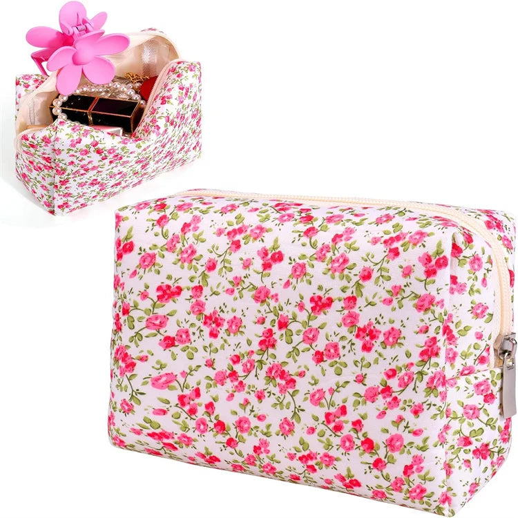 Customized Logo Red Floral Zipper Quilted Cotton Women's Cosmetic Makeup Toiletry Bag