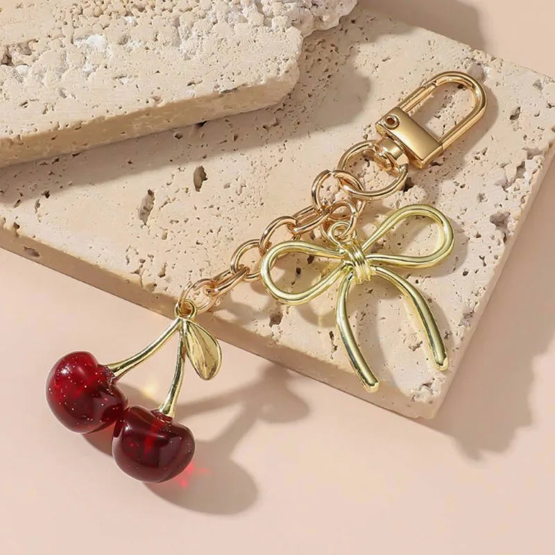Cute Cherry Keychain Red Bag Charms Heart Keyring Purse Backpack Car Accessories Decoration for Women Girls Gift Cherry Keychain