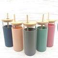 New Design Silicone Sleeve High Borosilicate Glass Tumbler with Bamboo Lid and Straw
