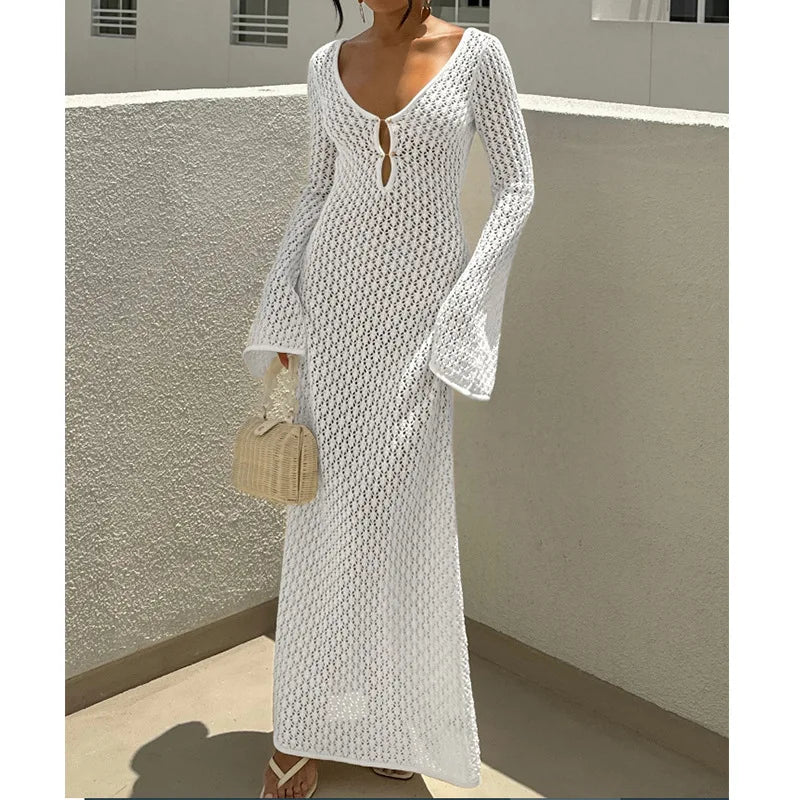 Solid Long V Neck Hollow Beach Cover Ups Dress for Women Elegant Evening Dresses