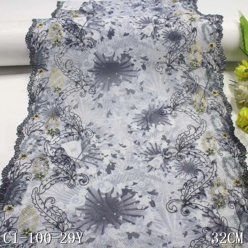 Skin-friendly Super Soft Stretch Spandex Embroidered Lace Trim 32cm Colorful Printed Grey Net Lace Fabric for Women Stockings