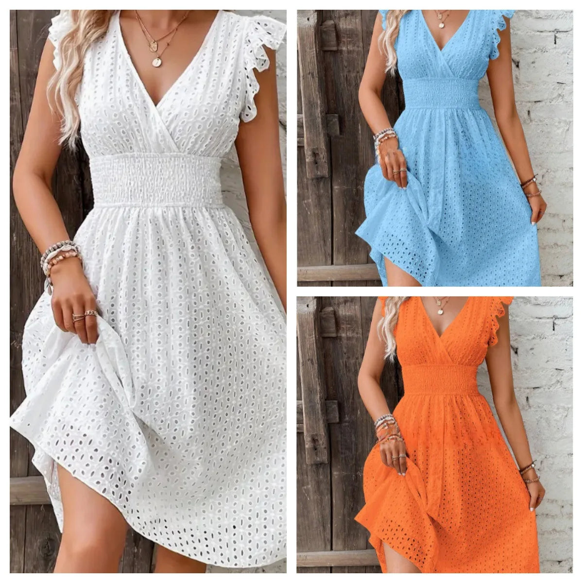 New Summer Women's V-Neck Lace Dress Casual A-Line Hollow Out Midi Dress with Flutter Sleeves for Party