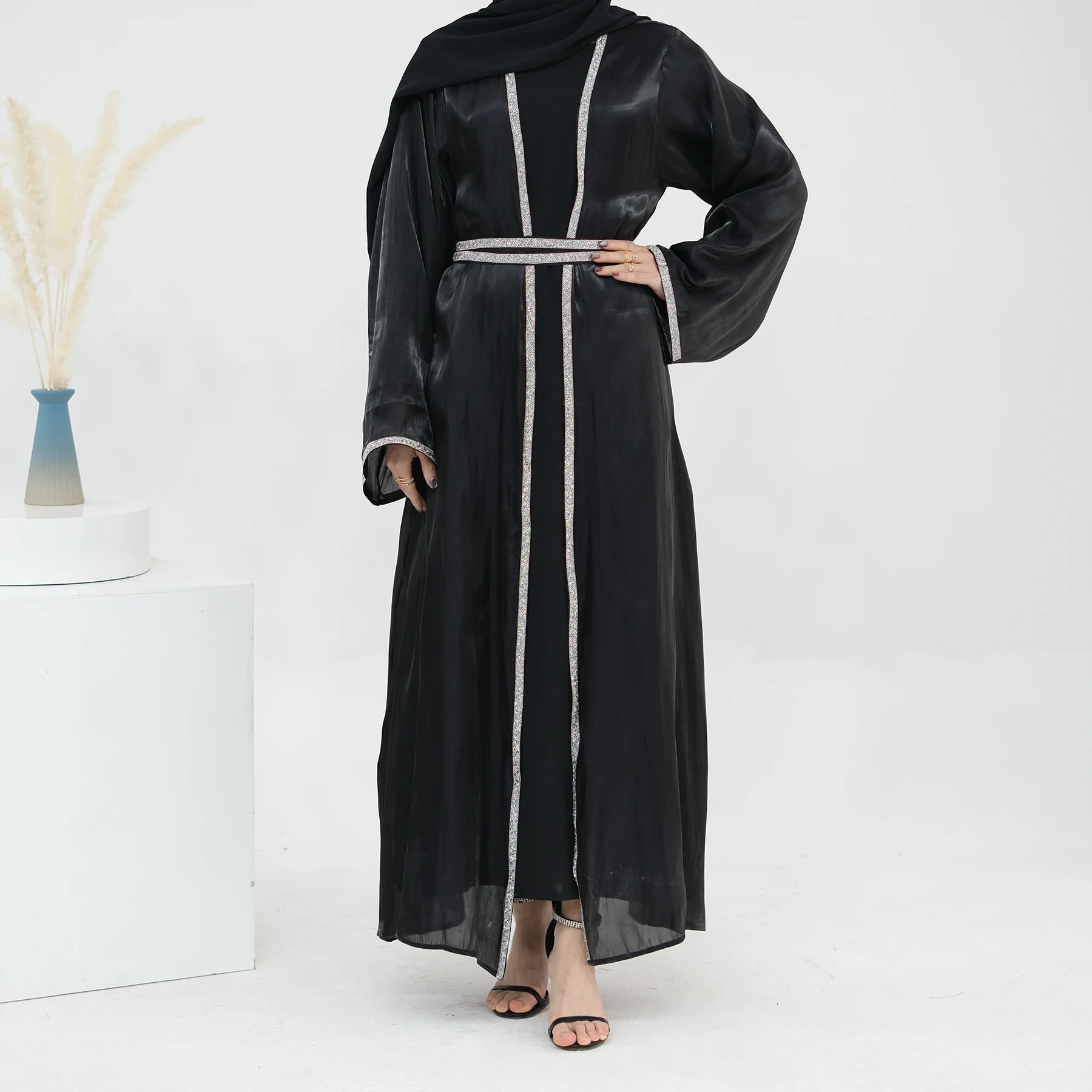 2024 Ramadan Islamic Clothing Modest Abaya Cardigan for Women Shiny Dubai Design Plus Size Wholesale Dresses Muslim Dress