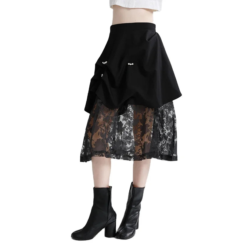 Skirts Hot Selling for Ladies Autumn Asymmetrical Patchwork Pearl Black Gauze Skirt A-line Skirt Large Size
