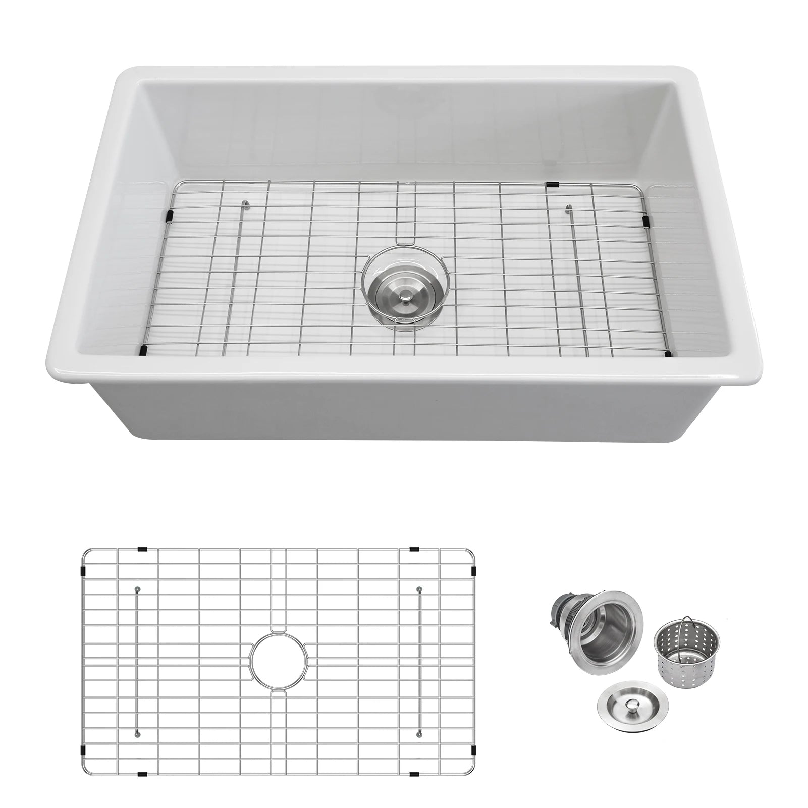 US Shipping 32 Inch Single  Farmhouse  Kitchen  Porcelain White with Brushed Drainer Undermount  Ceramic Farmhouse Sink
