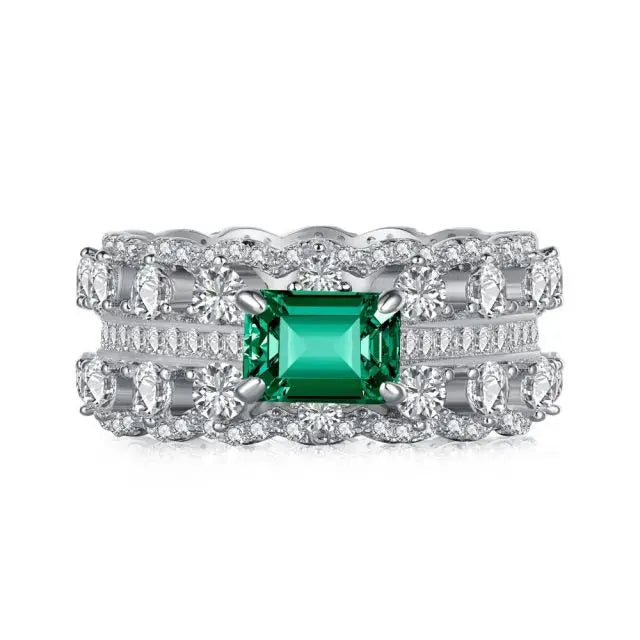 Fine Jewelry Cubic Zirconia Rectangular Green Emerald Cut Ring for Women Wide Band 925 Sterling Silver
