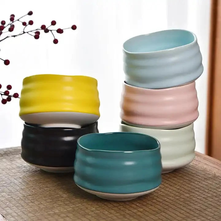Japanese Bamboo Matcha Whisk Tea Ceremony Set Large Porcelain Chawan Bowl with Colorful Glaze Pattern Spout for Matcha Brewing