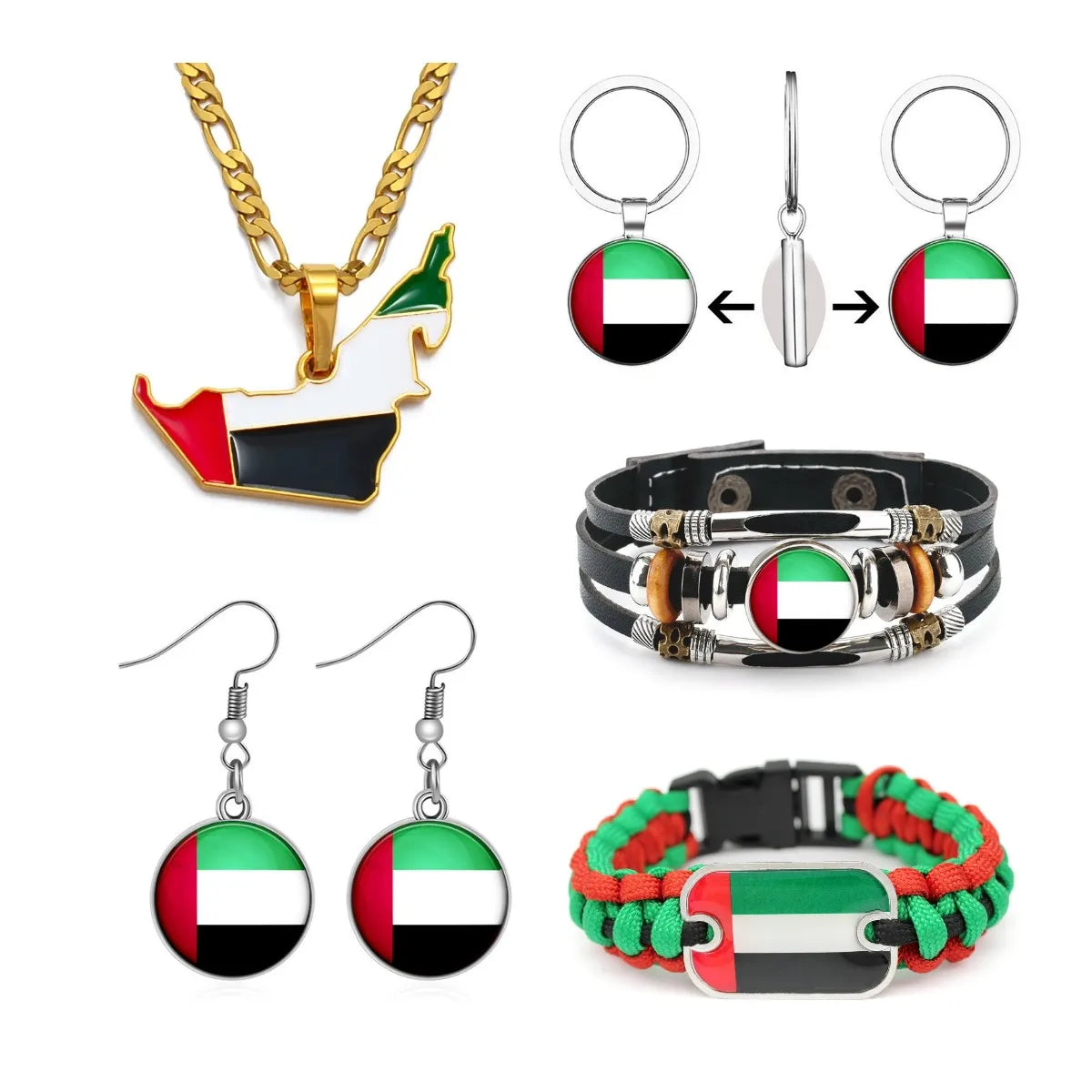 70 UAE Flag Map Tie Clip Lapel Pin Ring Brooch Cuff Link Necklace Bracelet Earrings Key Chain United Arab Emirates Jewelry Set