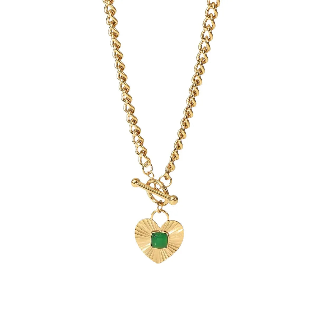 BJG0044N Women's 18k Gold Stainless Steel Heart-Shaped Necklace Green Zircon Pendant Rhodium & Gold Plated Necklace
