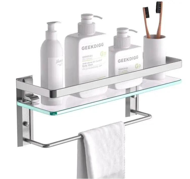 Glass Bathroom Shelf with Towel Bar Tempered Glass Floating Glass Shelves for Bathroom Wall Mounted Glass Shower Rack