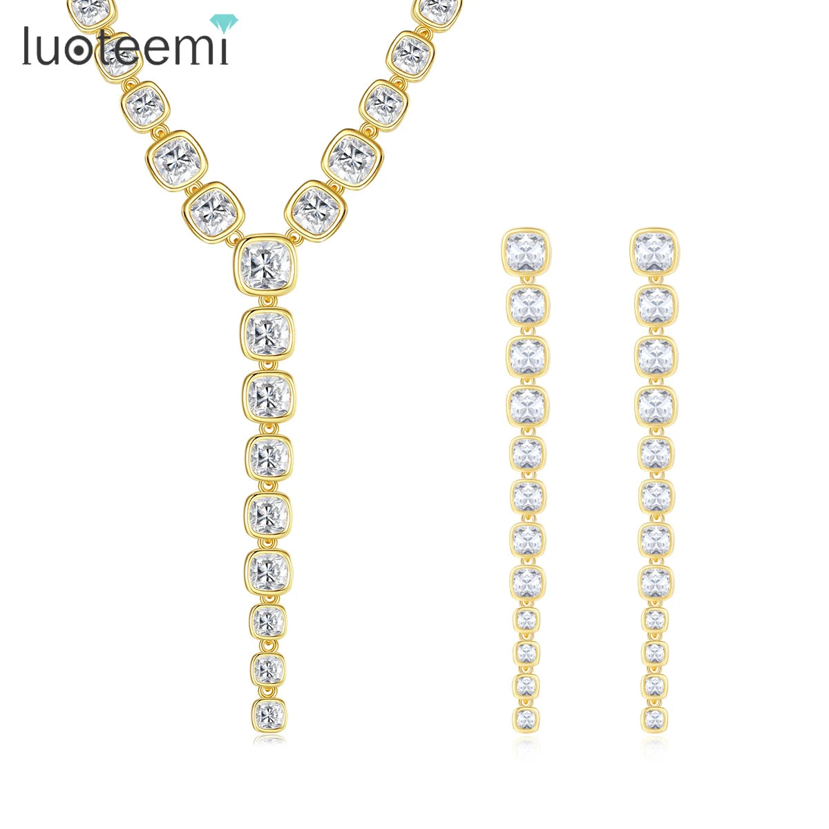 LUOTEEMI Dubai Fashion Gold Plated Earrings and Necklace for Woman Zirconia Jewelry Set Bridal Wedding