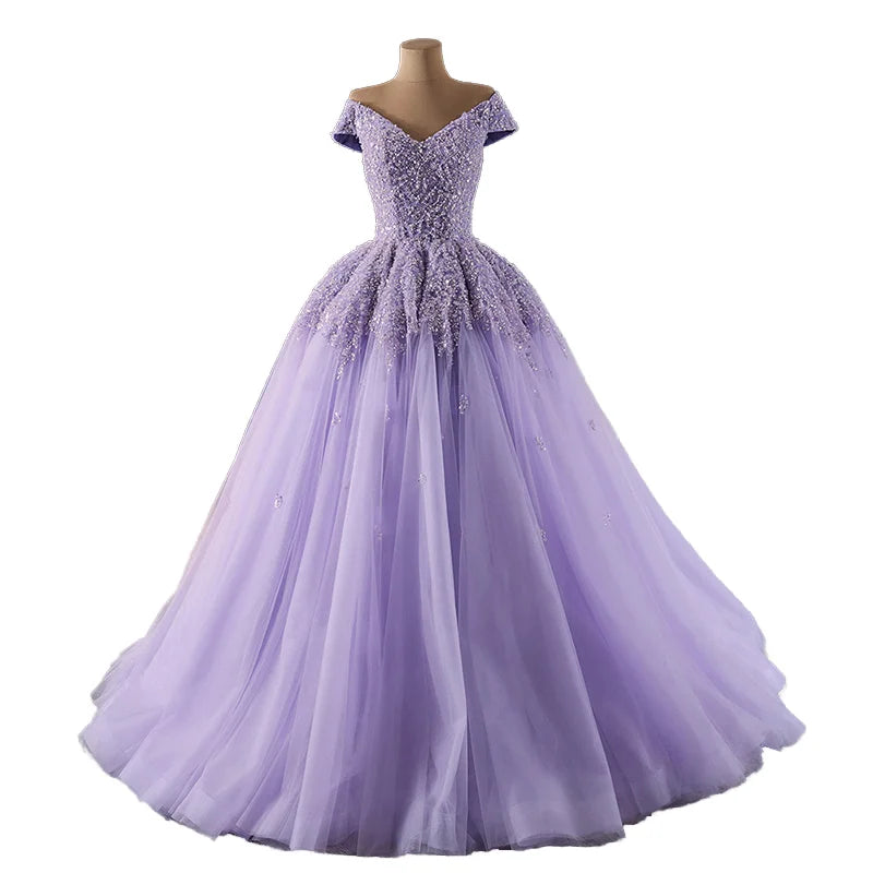 Qy460 New Sweetheart Princess Ball Gown Beaded Quinceanera Dress Short Sleeves Corset Waist Breathable Maxi Length Lace