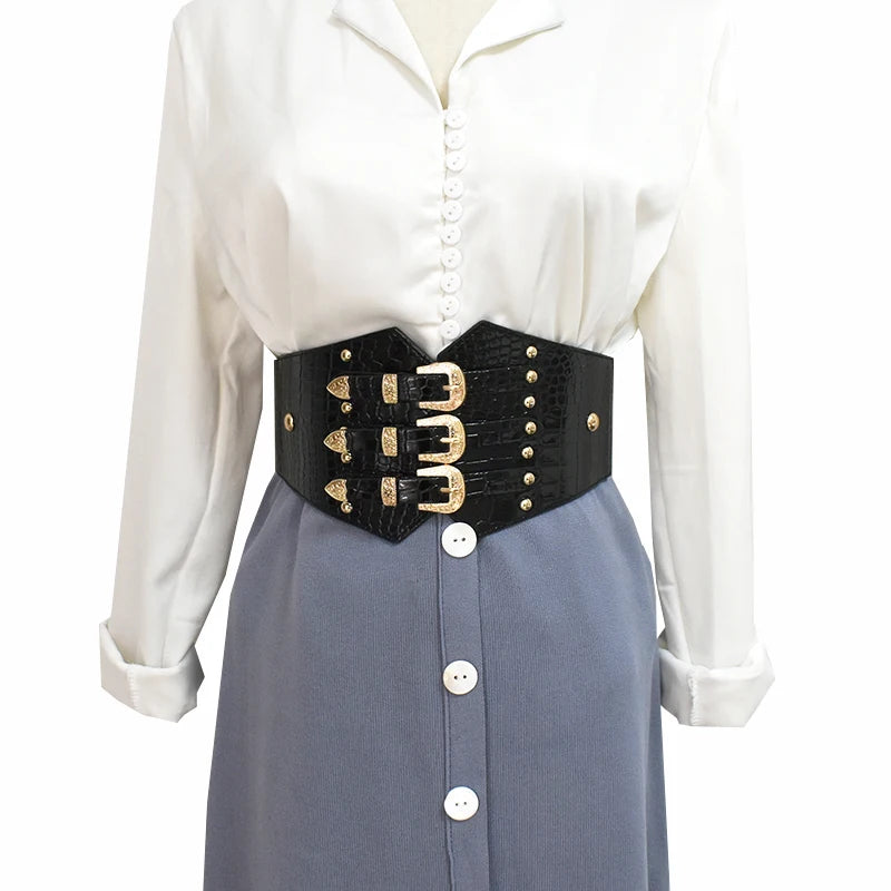 Meetee CB736 13*70cm Garment Accessories Elastic Decorative Corset Luxury Harness Waist Belt PU Alloy Cummerbunds