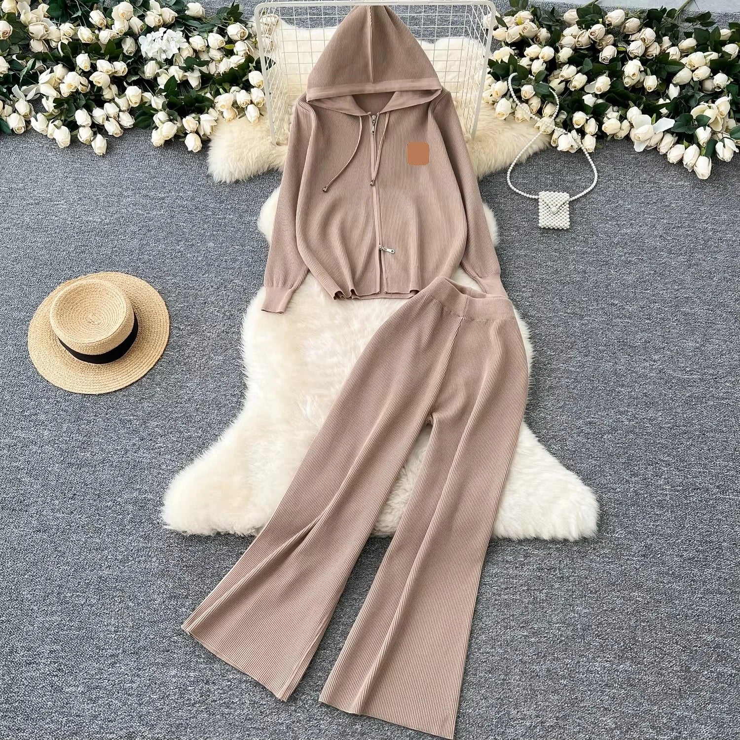 Casual Sports Set Women's Fall/Winter All-zip Hooded Sweater Coat High-waisted Sweater Wide-leg Pants