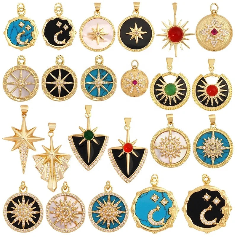 Trendy Shining Space Sun Moon Star Shell Charm PendantReal 18K Gold Plated Jewelry Components Findings Accessories Supplies S24