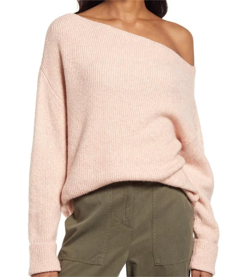 OEM Custom Solid Color Off the Shoulder Sweater Women Knitwear Ribbed Long Sleeve Pullover Sweater