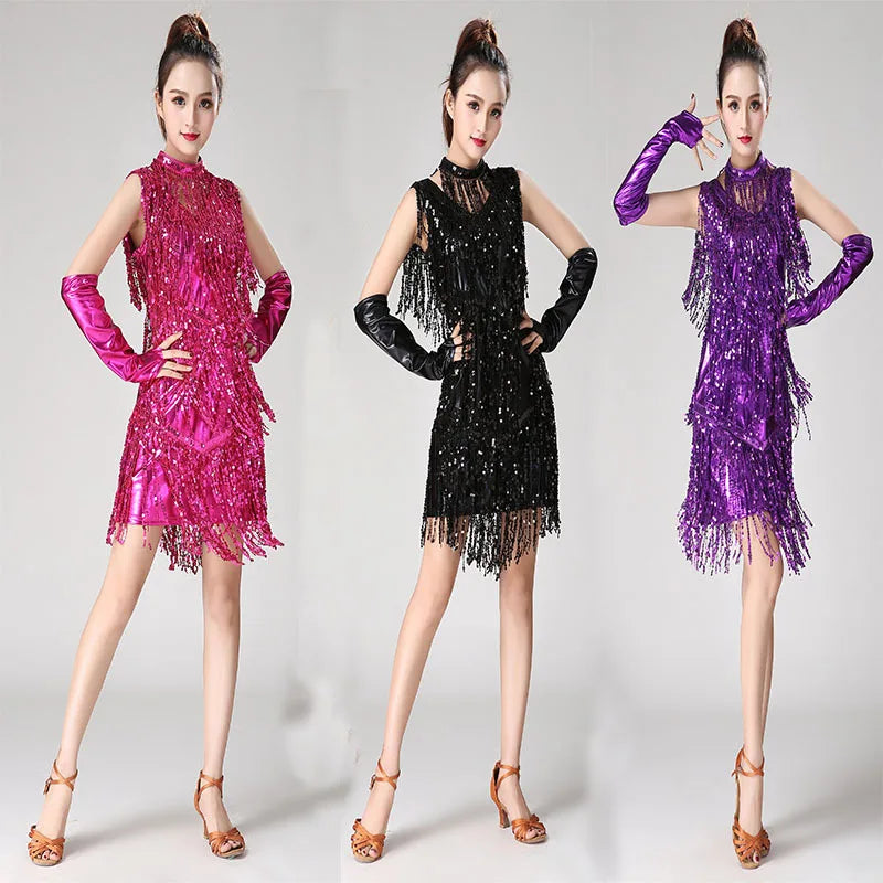 Latin Dance Fringe Skirt Sleeveless Sequin Fringe Latin Dance Performance Dress Competition Dress Latin Dance Performance