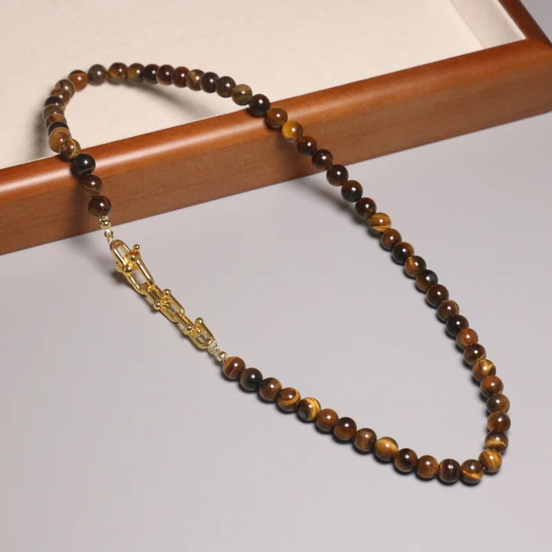 Bohemian Mailard Tiger Eye Stone Flat Beaded Necklace for Women Men Natural Pearl Beaded Choker Healing Energy Stone Jewelry