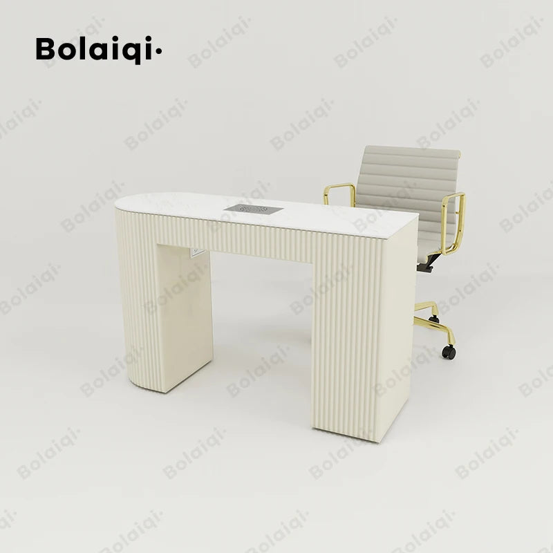 BOLAIQI Modern Marble Top Manicure Table and Chair Set White Wooden Salon Nail Tech Furniture for Workshop Use