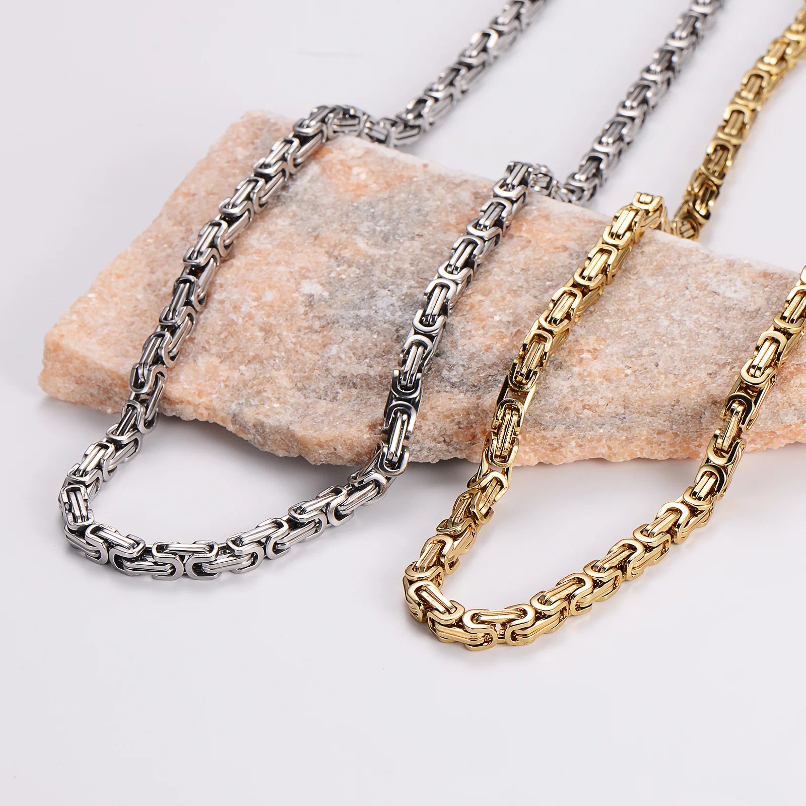 Hip Hop Men's Jewelry Necklace Multiple Sizes 4mm 5mm 6mm 8mm Gold Plated Stainless Steel Handmade Byzantine Chain