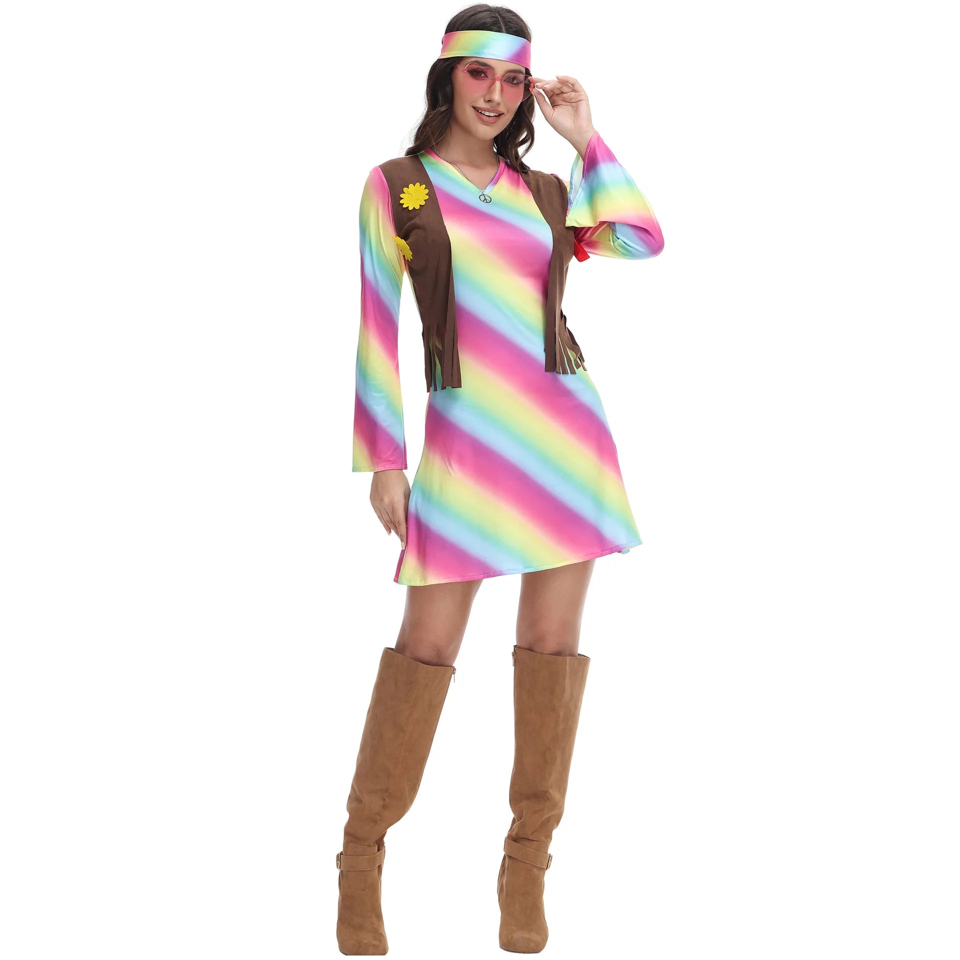 2026 New Update Vintage 60s 70s Hippie Performance Wear Carnival Party Disco Cosplay Dress Sexy Women Rainbow Dress