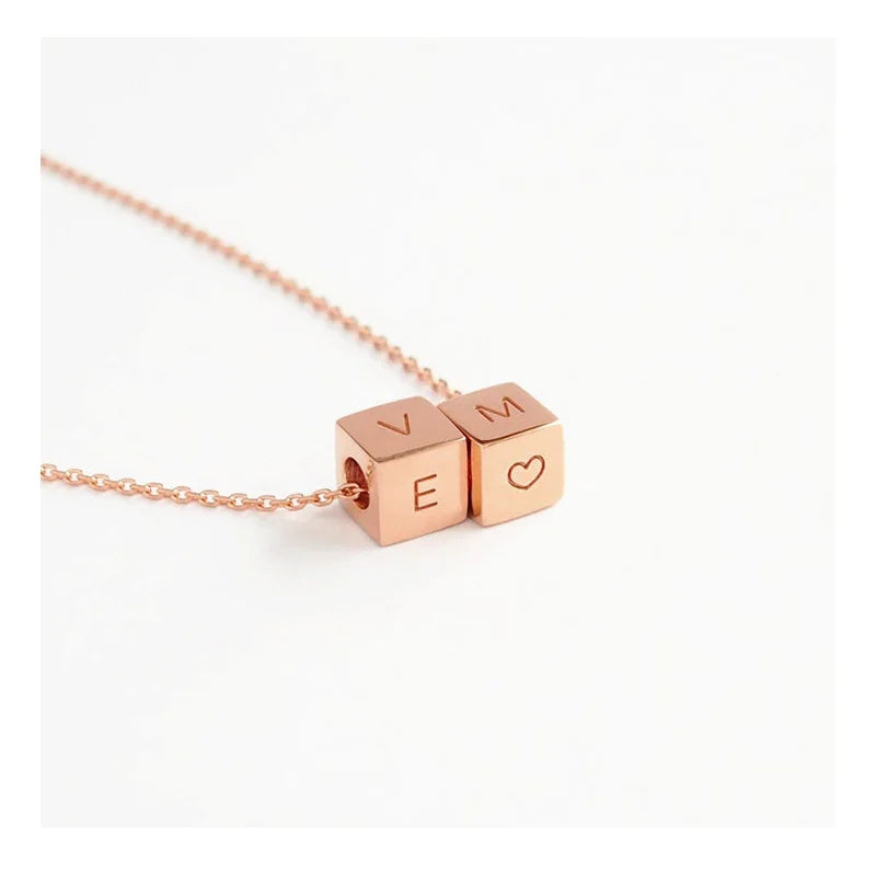 Olivia Dainty Cube Charm Necklaces Custom Jewelry Stainless Steel Rose Gold Personalized Love Letter Name Initial Necklace