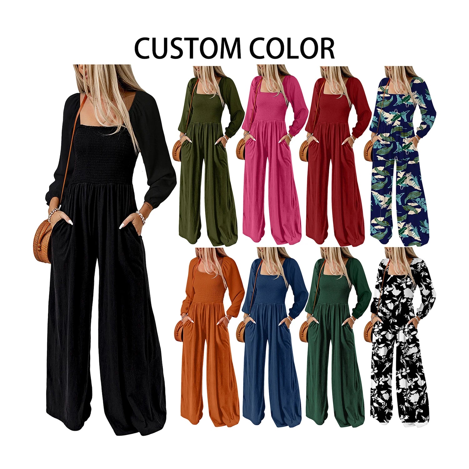 Women's Elegant Solid Color Printed Long Sleeve Loose Wide Leg Jumpsuit High Casual Custom Pattern Summer Streetwear Wholesale