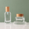 Cosmetic Packaging Custom Cosmetic Frosted Empty Glass Oil Spray Serum Lotion Pump Bottle and Jars with Wooden Cap