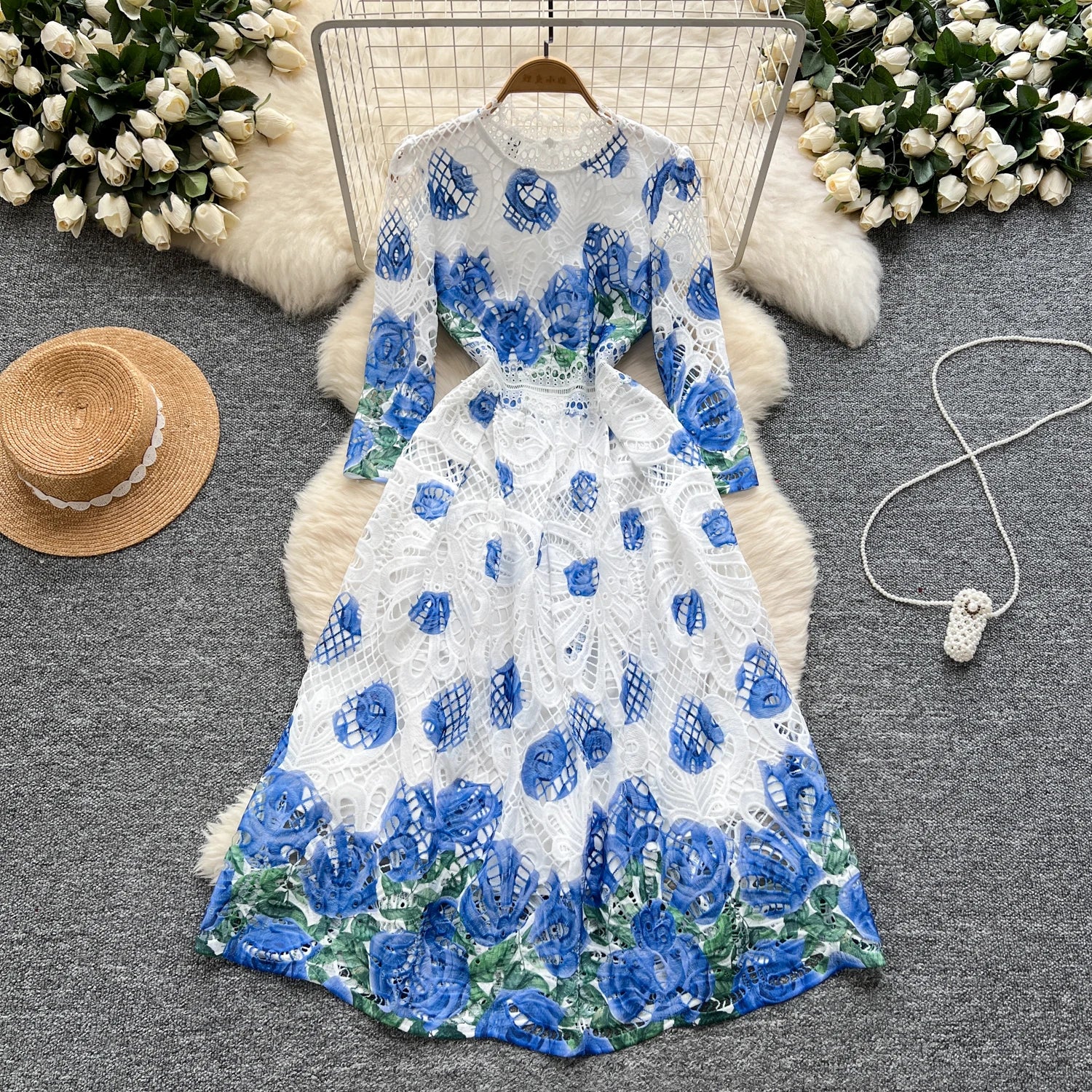 LW0556 Classy Elegant Evening Dress Woman Hollowed-Out Hook Flower Buds Silk Print Flower Dress Woman