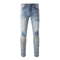 Men's Slim Fit Bootcut Jeans Wholesale Blue Patchwork Distressed Print Streetwear Casual Pants Damaged Patchwork Stretch Comfort