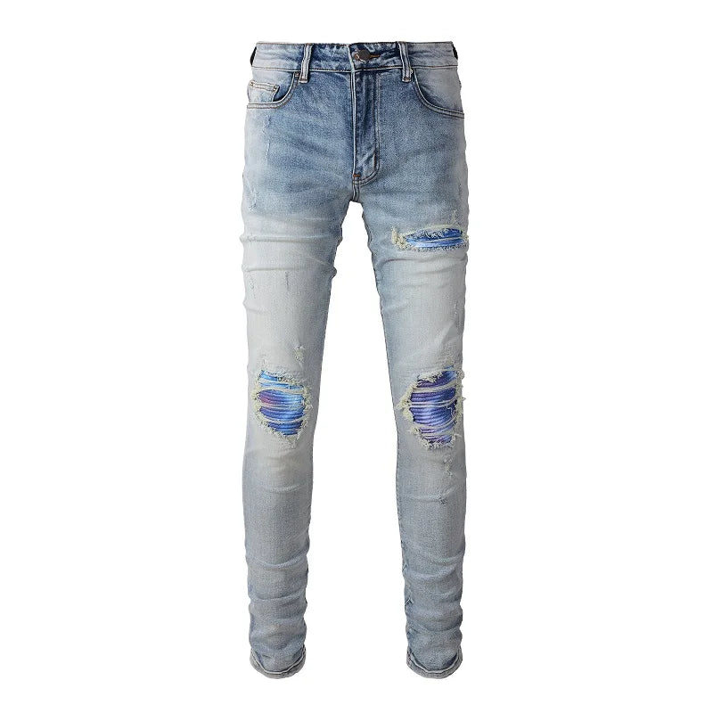 Men's Slim Fit Bootcut Jeans Wholesale Blue Patchwork Distressed Print Streetwear Casual Pants Damaged Patchwork Stretch Comfort