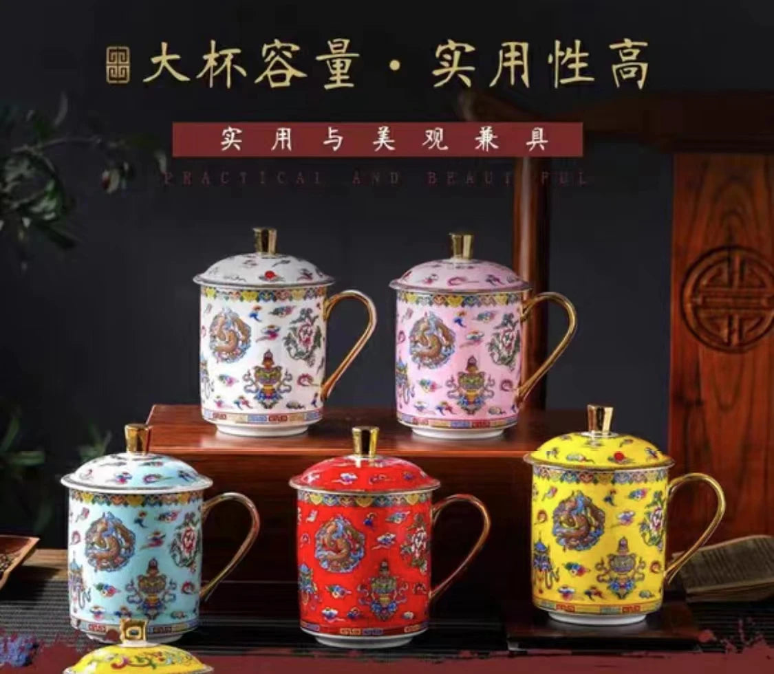 Ceramic 8 Auspicious Cups and Mugs for Buddhism Tibet with Decal Modelled After an Antique With Gold Porcelain for Water and Tea