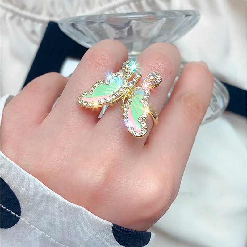 Sweet Zircon Butterfly Open Rings Fashion Gorgeous Adjustable Oil Drop Butterfly Rings For Girls Color Dripping Open Ring