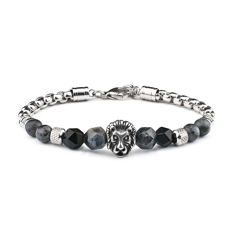 New Men Stainless Steel Silver Blue Lapis Little Lion Head Buckle Bead Bangle Bracelet