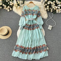 One Size Bohemian Ethnic Style Large Swing Long Skirt With Pleated V-neck and Waist up Holiday Dress