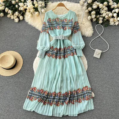 One Size Bohemian Ethnic Style Large Swing Long Skirt With Pleated V-neck and Waist up Holiday Dress