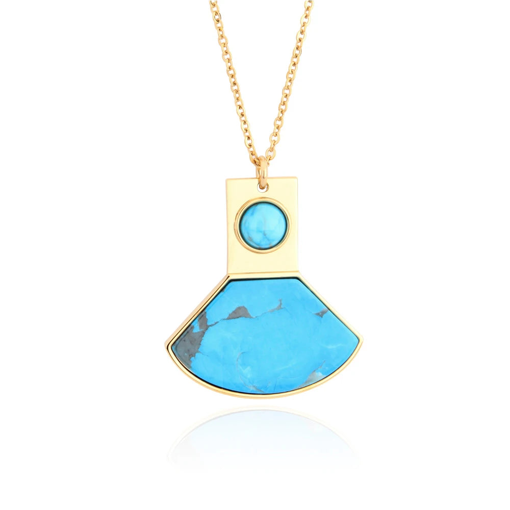 Blue Turquoise Fan Shape Charm & Pendant Necklaces Gold Plated Pendant Fashion Jewelry Necklace for Women Girls