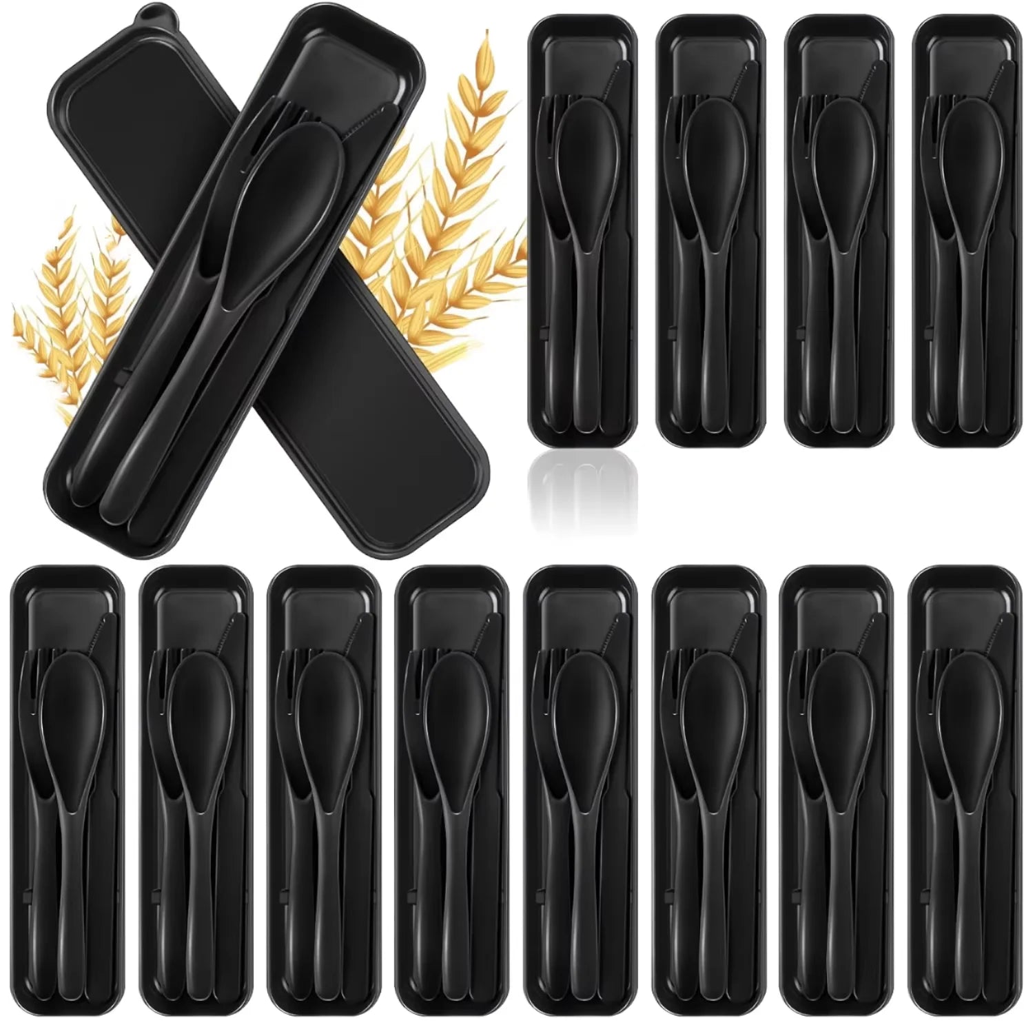 Reusable Travel Utensils Set Wheat Straw Portable Plastic Fork Spoons Knife Camping Cutlery With Case
