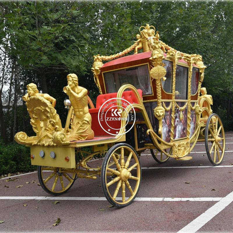 Copper-colored Royal Horse Drawn Carriage Full Enclosed Exhibition Horse Wagon Factory Price 4 Seats Electric Horselesss Cart
