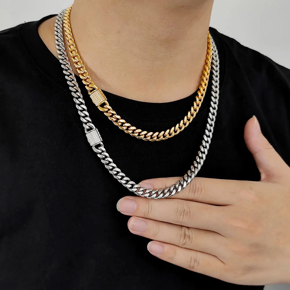 High Quality Stainless Steel Hip Hop Jewelry 18K Gold Plated Customized Logo 10mm 12mm 14mm Men's Cuban Link Chain Necklace