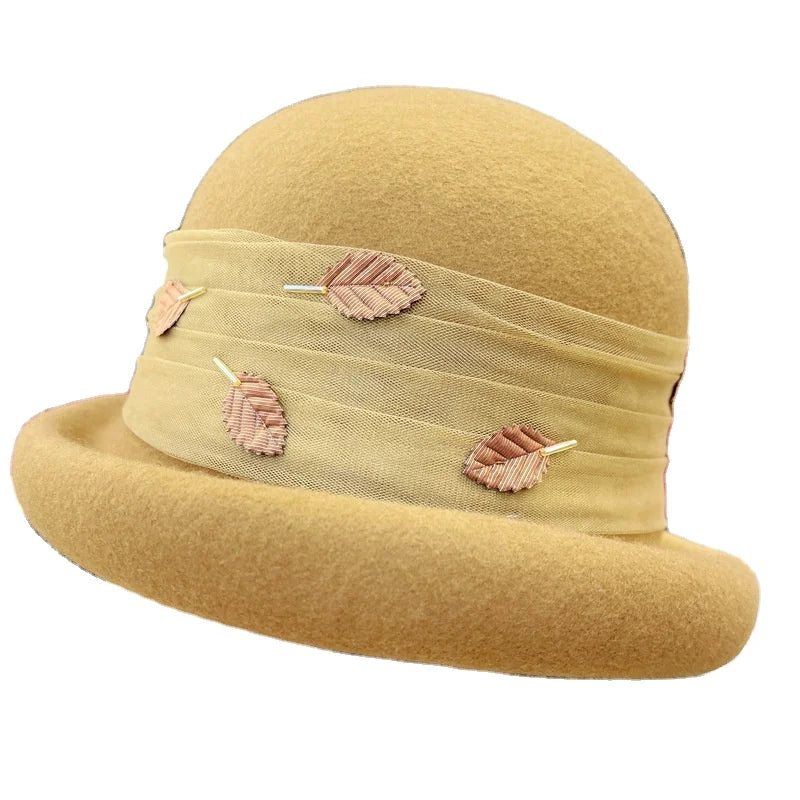 Fashion Chic Women Ladies Leaves Wide Ribbon Wool Felt Bucket Formal Hats Tea Party Dress Church Hat Bowler Derby Hat