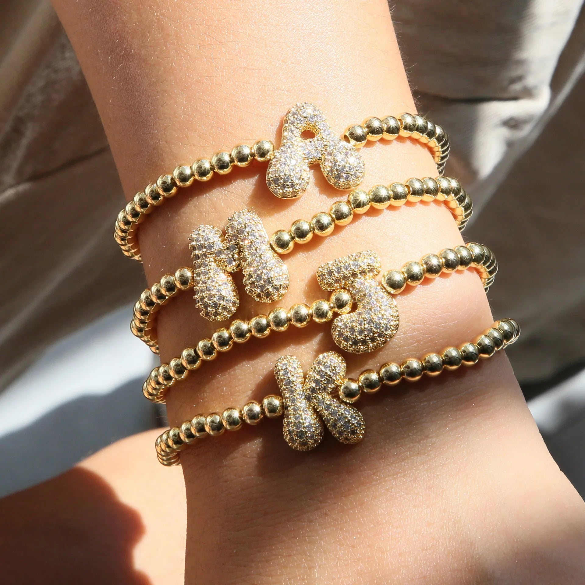 Brass Real Gold 4mm Small Gold Beads Puffty Initial Letter 26 A-Z Alphabet Diamond Zircon CZ Inlaid Bubble Letter Bracelet