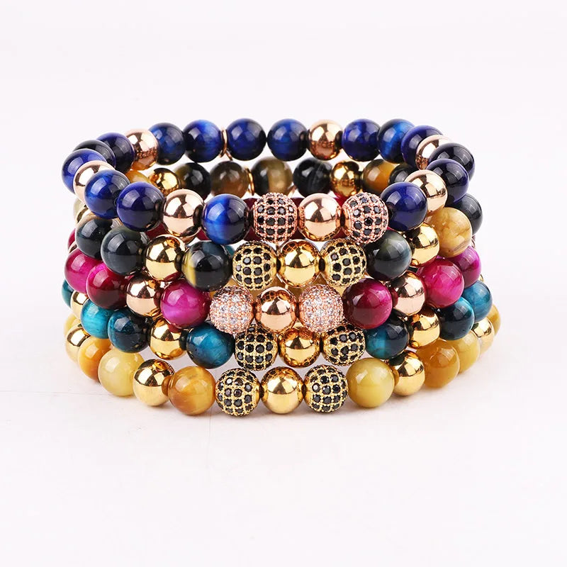Jewelry Factory Making Natural Colorful Tiger Eye Stone Custom Laser Engrave Logo Handmade Elastic Gemstone Bracelet Men Women