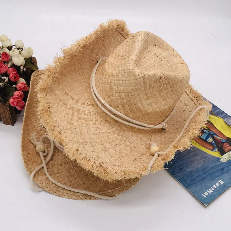 Wholesale  Beach Ocean Side Sun Protection Women Men Summer Natural Raffia Straw Cowboy Hat With Chin Wind Rope String