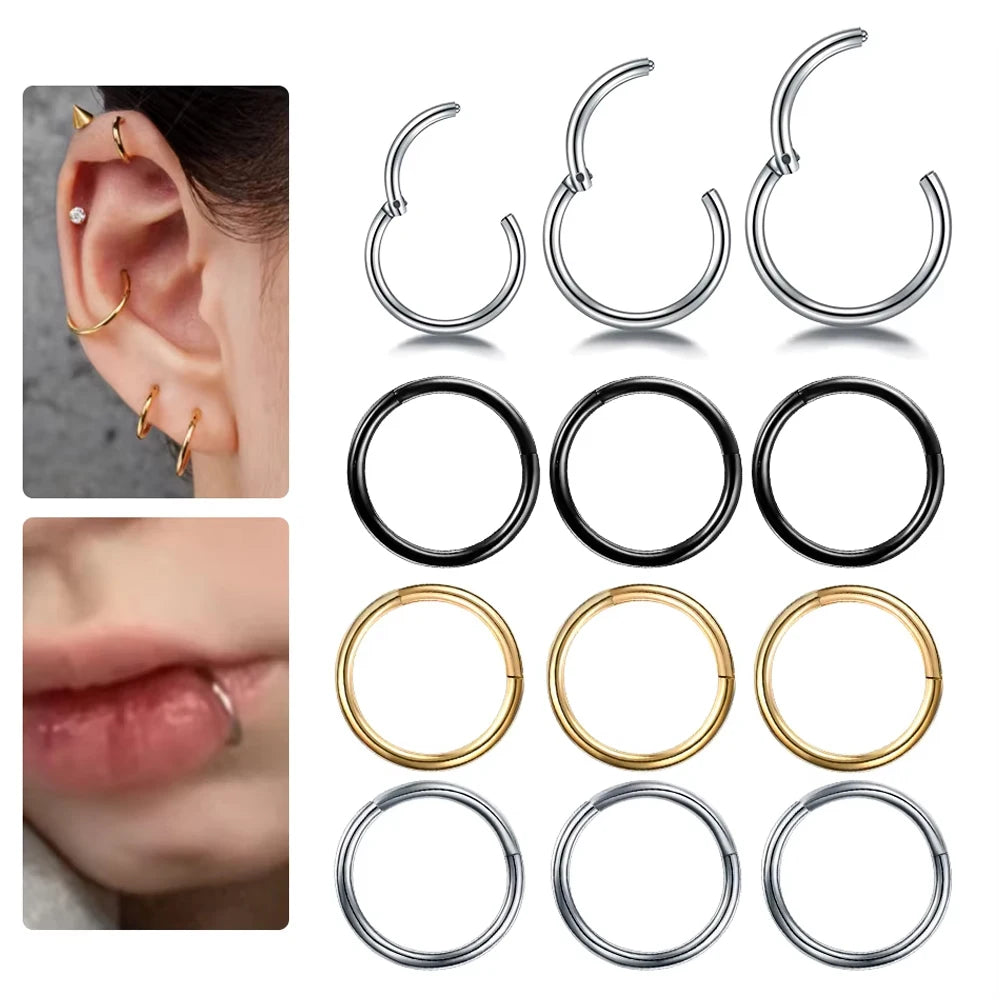 316L Surgical Stainless Steel Nose Rings Hoop Hinged Clicker Nose Rings Helix Cartilage Daith Tragus Body Piercing Jewelry