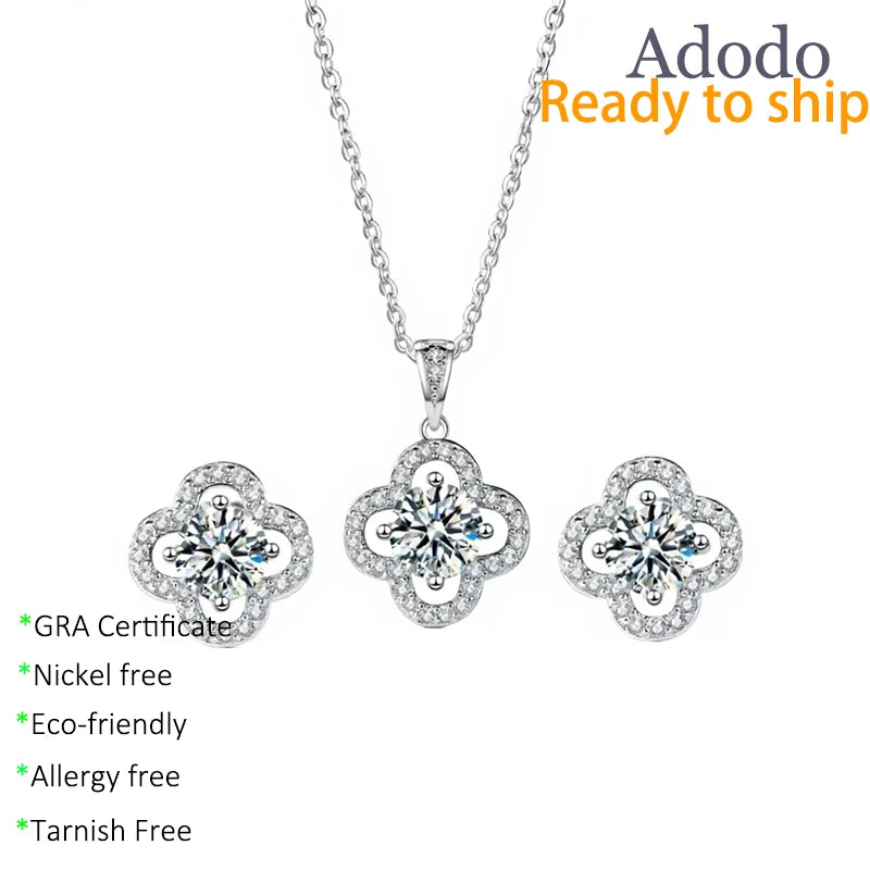 Factory Custom Vintage Four Leaf Clover Solid S925 Silver VVS Moissanite Earrings Pendant Necklace Jewelry Set for Women