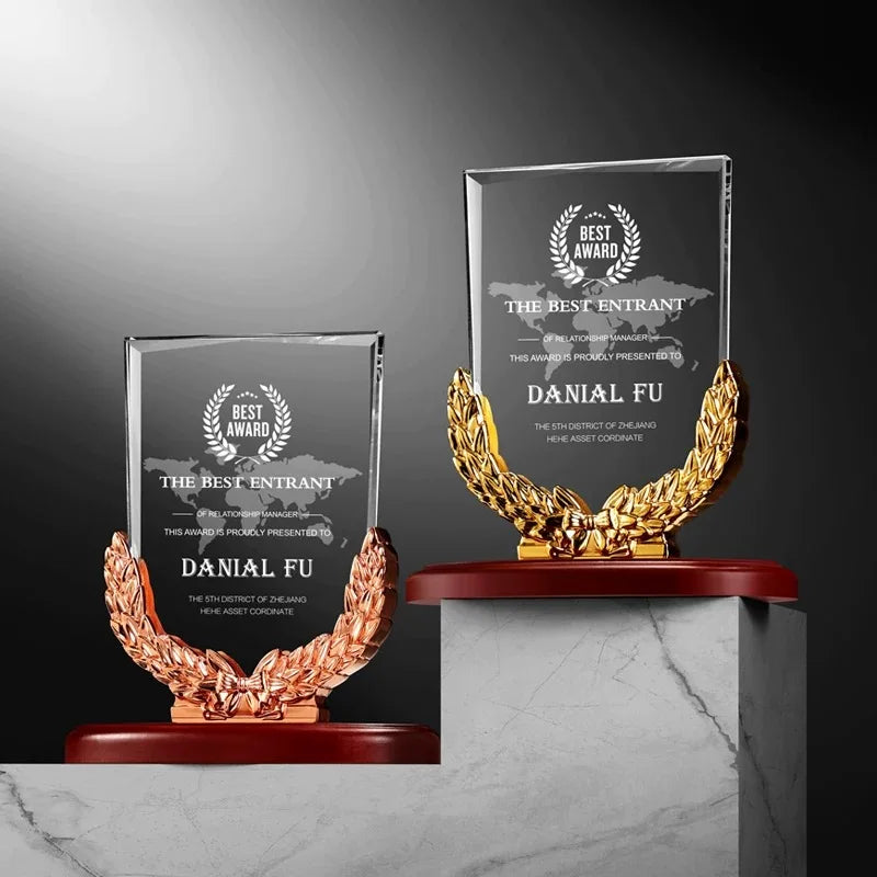 Classical Wooden Base Gold Silver  Copper Resin Crystal Authorize Brand Trophy Award Company Year-end Trophy Custom