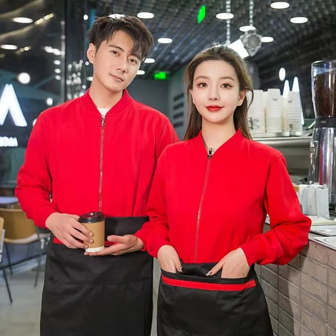 Wholesale Custom Logo Blank Restaurant Bar Baseball Waiter Waitress Uniform Unisex Solid Bomber Jacket With Fleece for Men Women