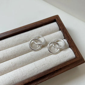 Simple Korean Style 925 Sterling Silver Double Linked Circle Round Clip Earrings for Girls Women Christmas Gifts