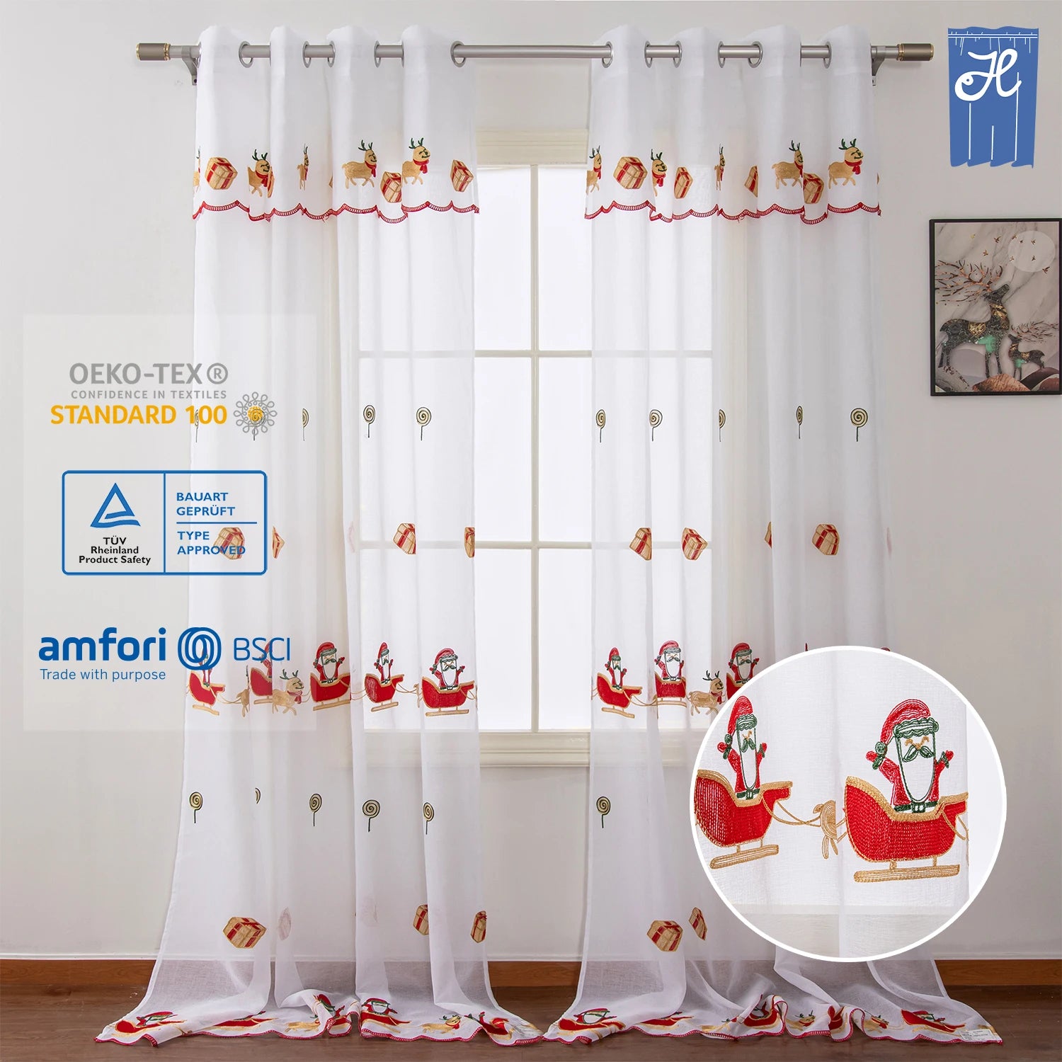 Colorful Christmas Xmas Cartoon Pattern Embroidery Tulle Curtains with Valance for Living Room Window Decor